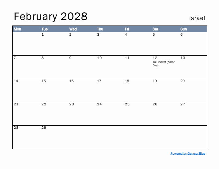 February 2028 Simple Monthly Calendar for Israel