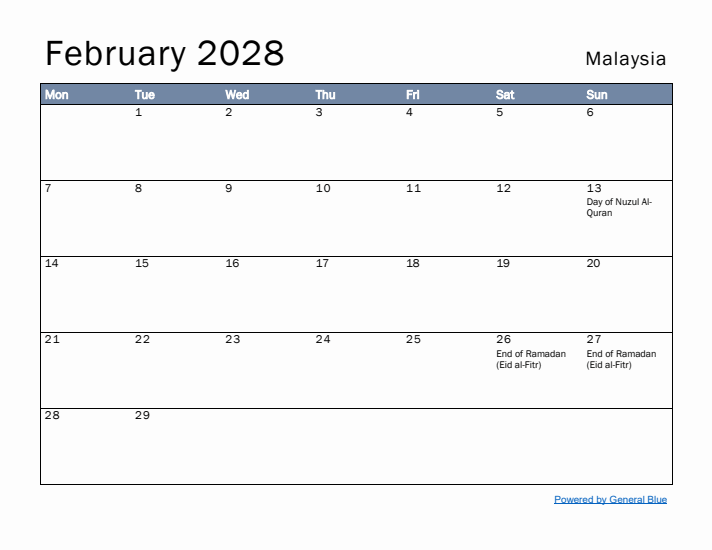 February 2028 Simple Monthly Calendar for Malaysia