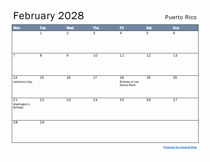 February 2028 Simple Monthly Calendar for Puerto Rico