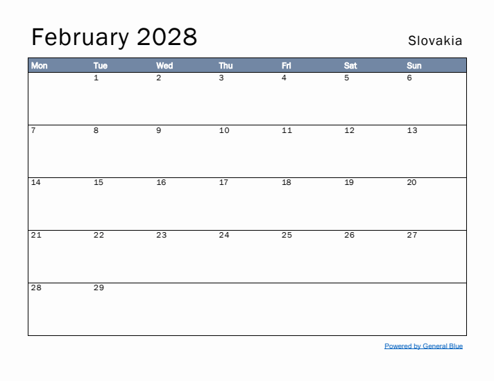 February 2028 Simple Monthly Calendar for Slovakia