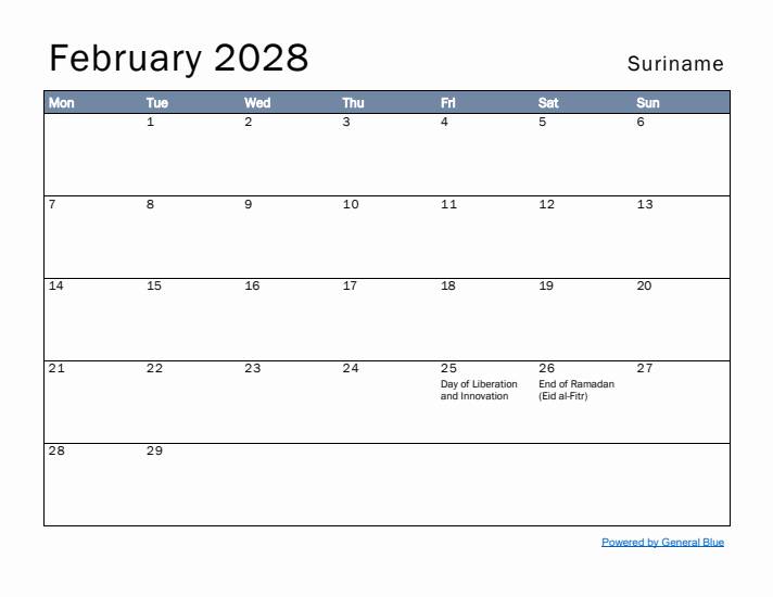 February 2028 Simple Monthly Calendar for Suriname