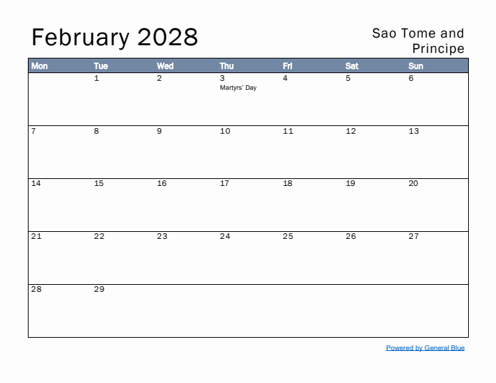 February 2028 Simple Monthly Calendar for Sao Tome and Principe