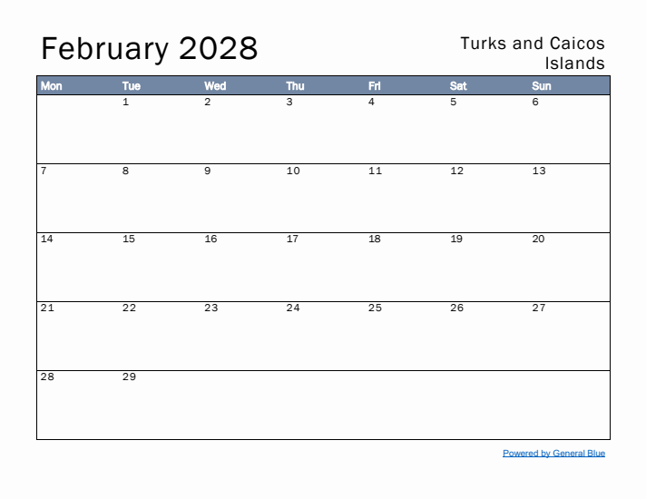 February 2028 Simple Monthly Calendar for Turks and Caicos Islands