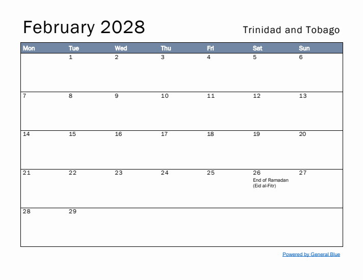 February 2028 Simple Monthly Calendar for Trinidad and Tobago