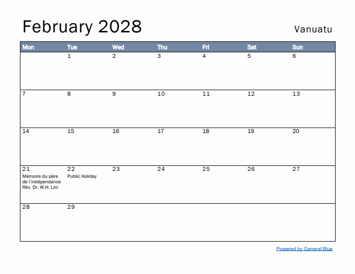 February 2028 Simple Monthly Calendar for Vanuatu