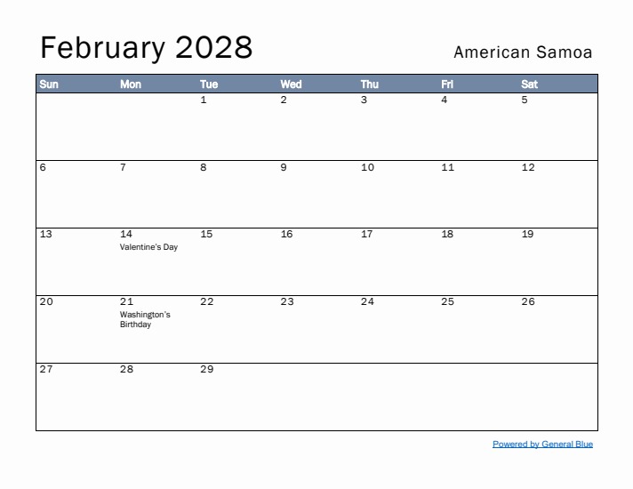 February 2028 Simple Monthly Calendar for American Samoa