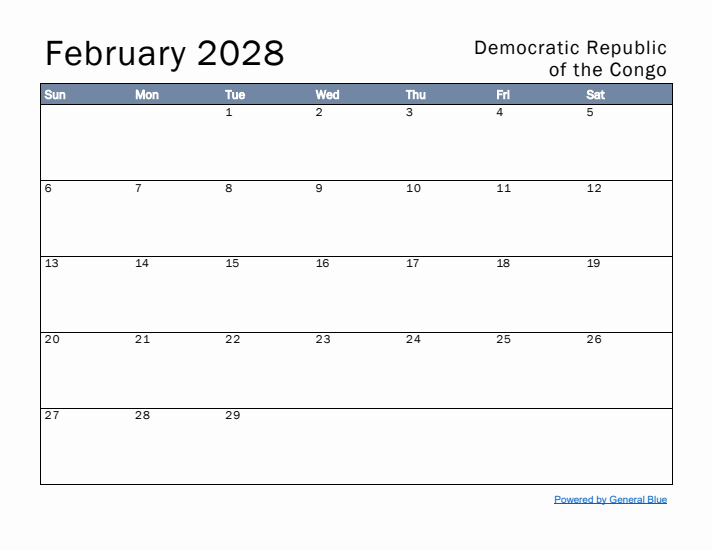 February 2028 Simple Monthly Calendar for Democratic Republic of the Congo