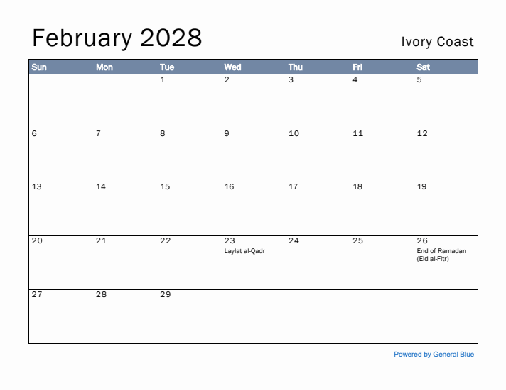 February 2028 Simple Monthly Calendar for Ivory Coast