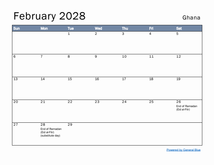 February 2028 Simple Monthly Calendar for Ghana