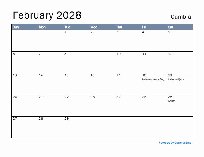 February 2028 Simple Monthly Calendar for Gambia