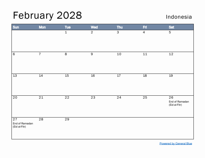 February 2028 Simple Monthly Calendar for Indonesia