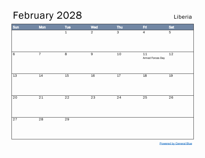 February 2028 Simple Monthly Calendar for Liberia