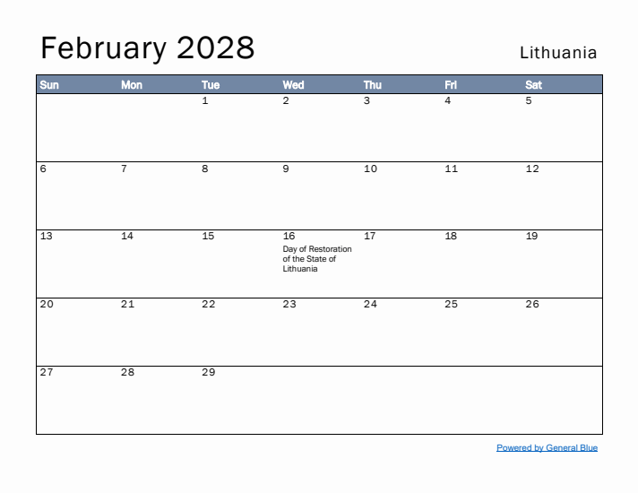 February 2028 Simple Monthly Calendar for Lithuania