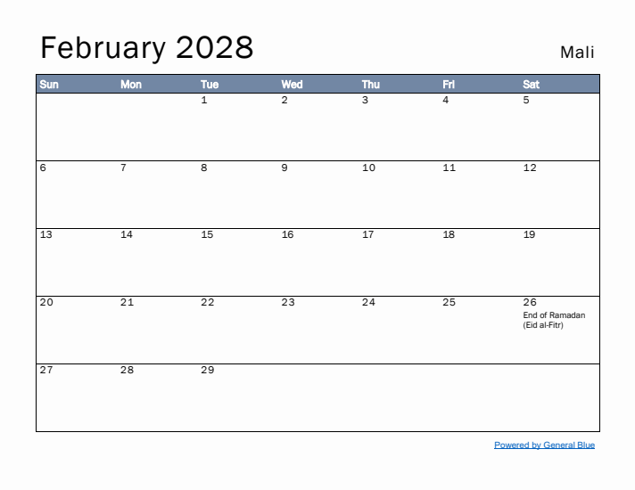 February 2028 Simple Monthly Calendar for Mali
