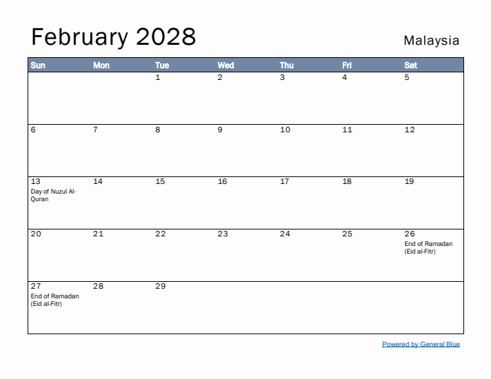 February 2028 Simple Monthly Calendar for Malaysia