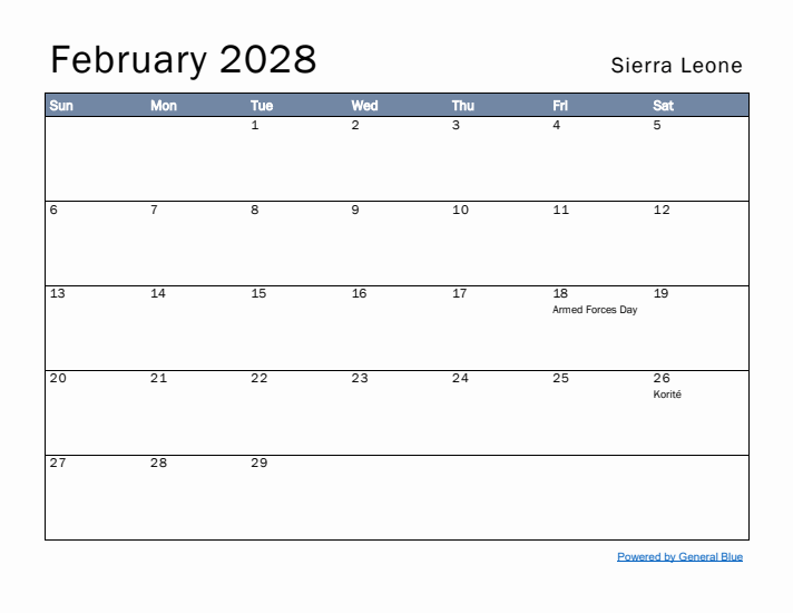 February 2028 Simple Monthly Calendar for Sierra Leone