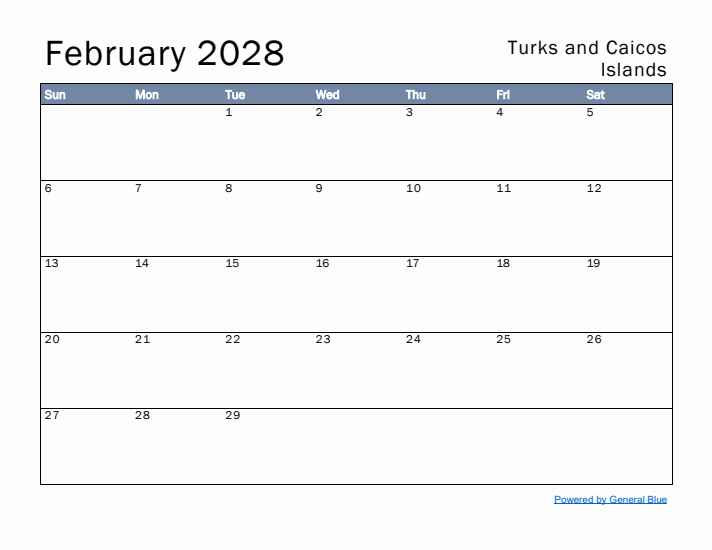 February 2028 Simple Monthly Calendar for Turks and Caicos Islands