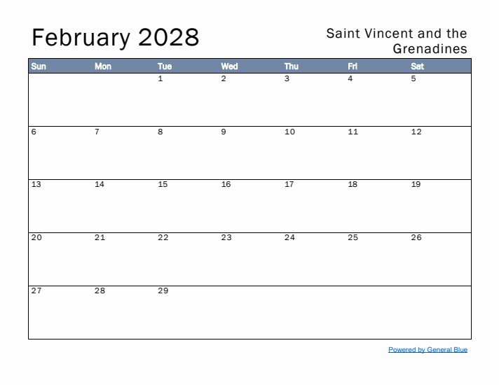 February 2028 Simple Monthly Calendar for Saint Vincent and the Grenadines