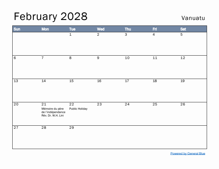 February 2028 Simple Monthly Calendar for Vanuatu