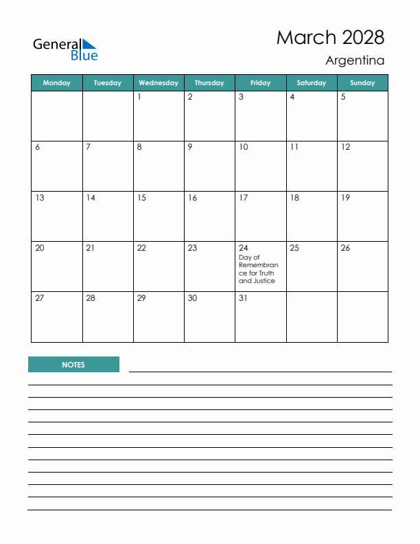 Calendar with Notes Printable - Monday Start
