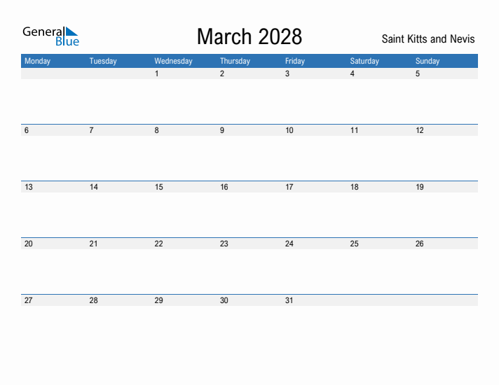 Fillable March 2028 Calendar