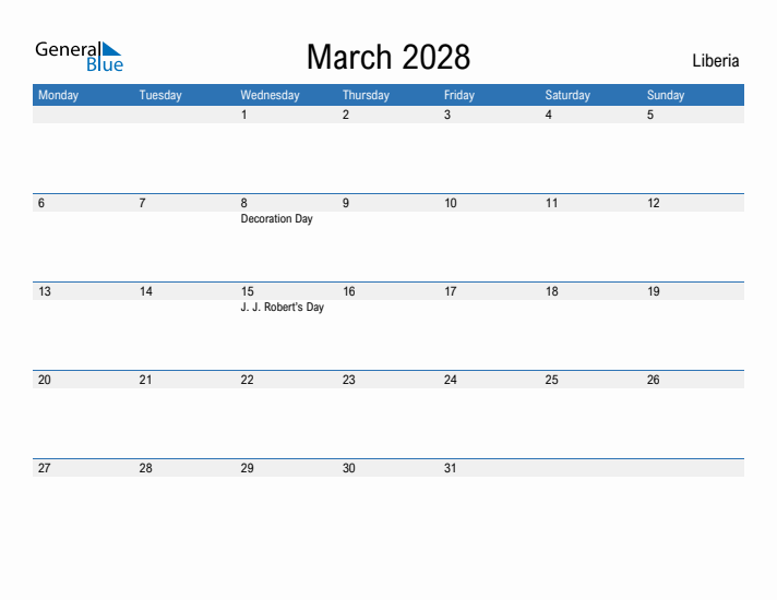 Fillable March 2028 Calendar