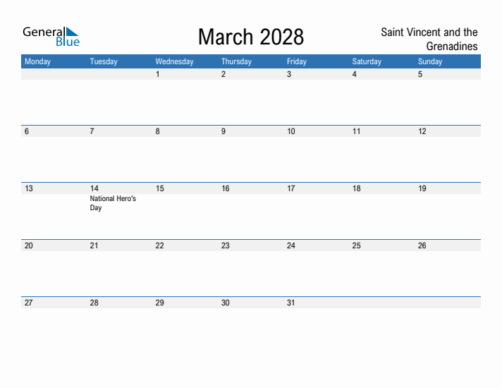 Fillable March 2028 Calendar