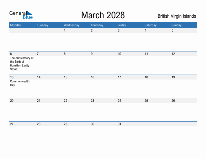Fillable March 2028 Calendar