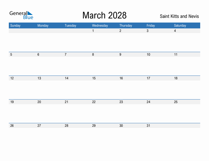 Fillable March 2028 Calendar