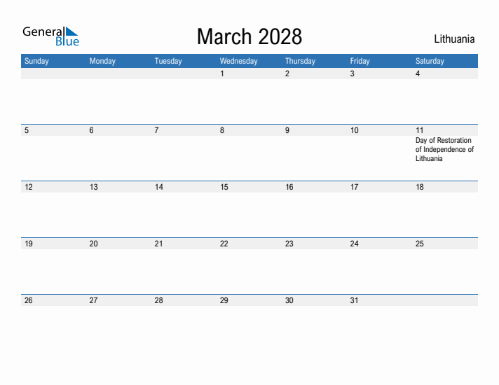 Fillable March 2028 Calendar