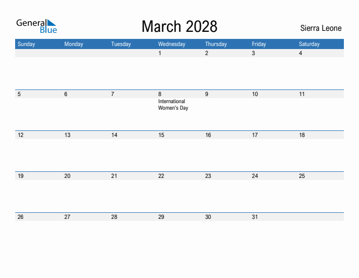 Fillable March 2028 Calendar