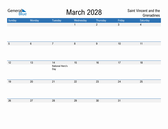 Fillable March 2028 Calendar