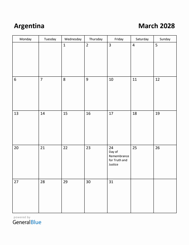 March 2028 Calendar with Argentina Holidays