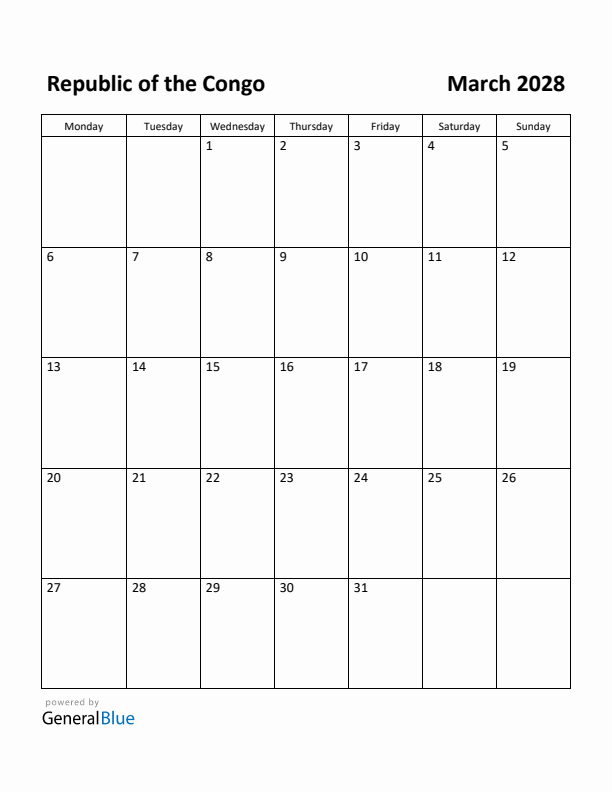 March 2028 Calendar with Republic of the Congo Holidays
