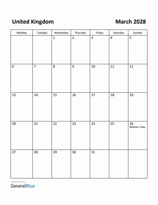 March 2028 Calendar with United Kingdom Holidays