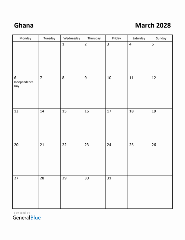 March 2028 Calendar with Ghana Holidays