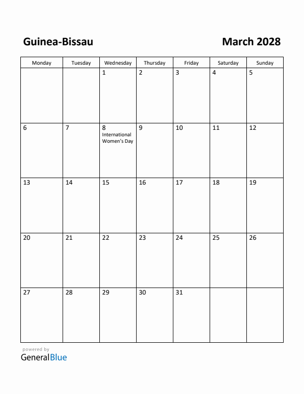 March 2028 Calendar with Guinea-Bissau Holidays
