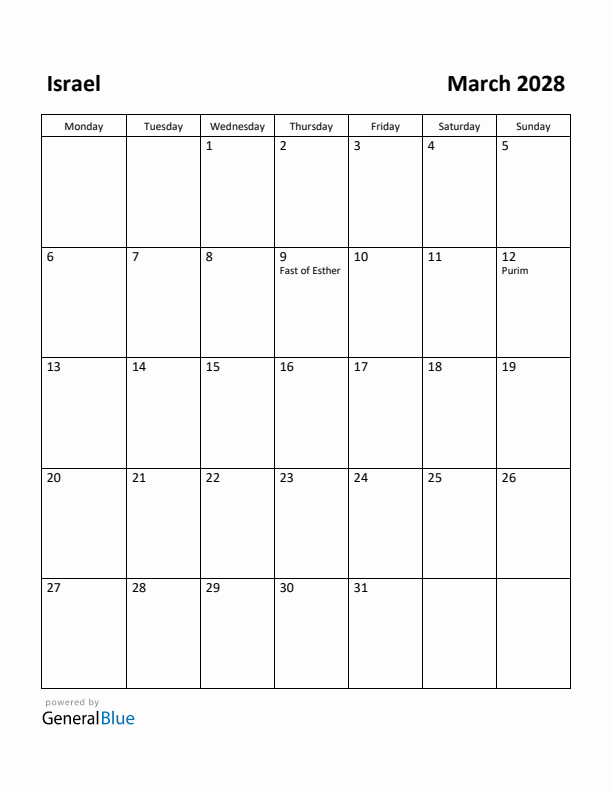 March 2028 Calendar with Israel Holidays