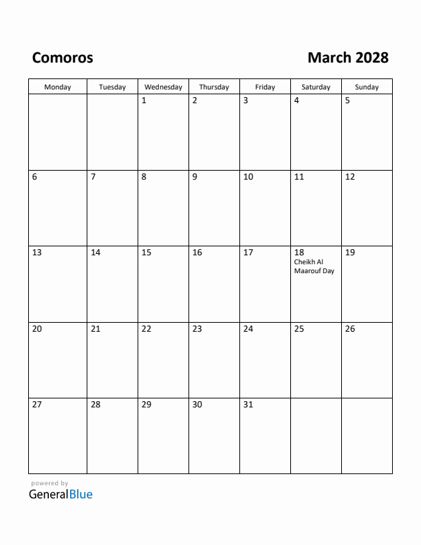March 2028 Calendar with Comoros Holidays