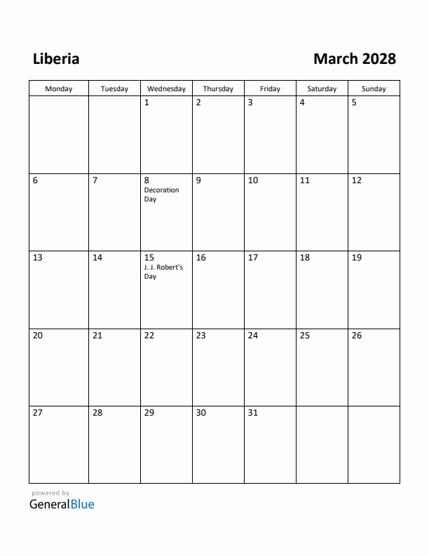 March 2028 Calendar with Liberia Holidays