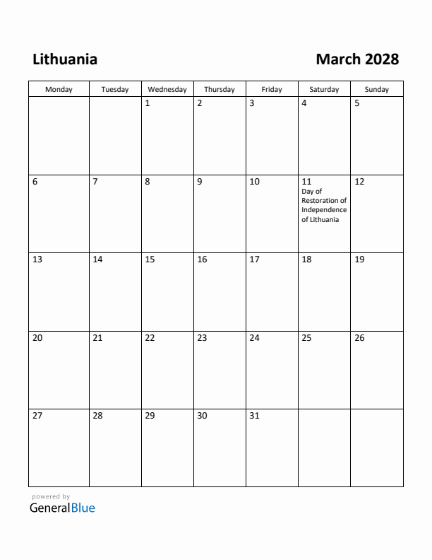 March 2028 Calendar with Lithuania Holidays
