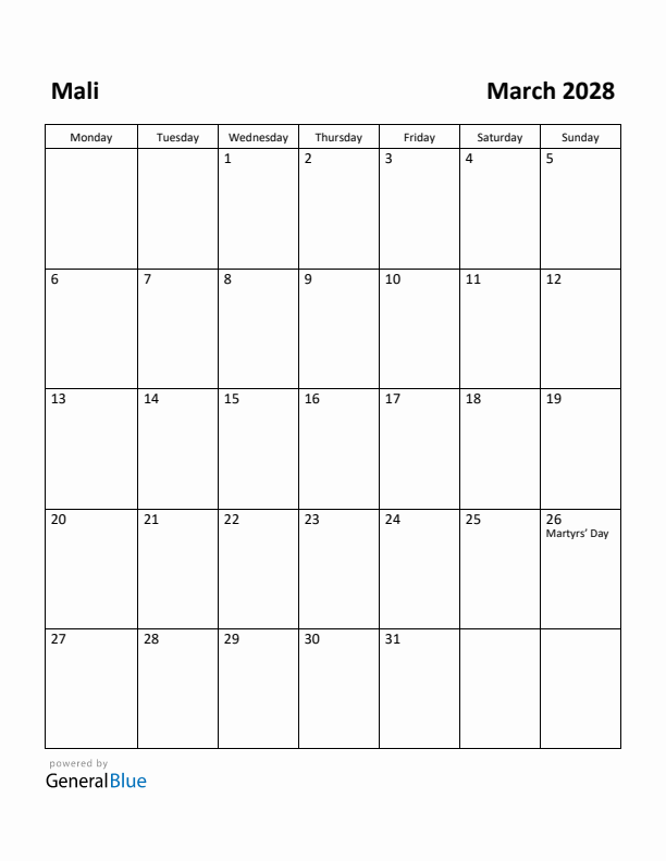 March 2028 Calendar with Mali Holidays