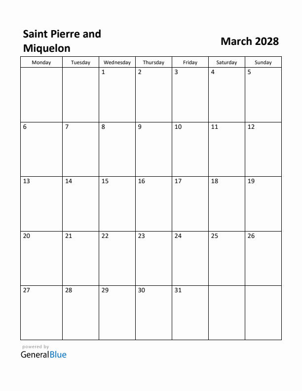 March 2028 Calendar with Saint Pierre and Miquelon Holidays