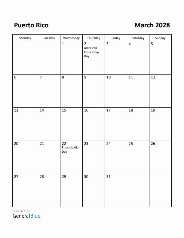 March 2028 Calendar with Puerto Rico Holidays