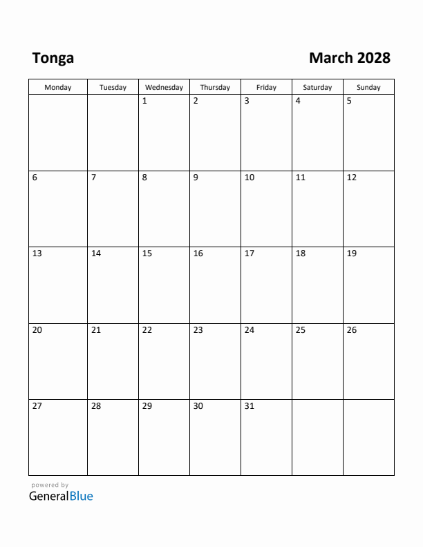 March 2028 Calendar with Tonga Holidays