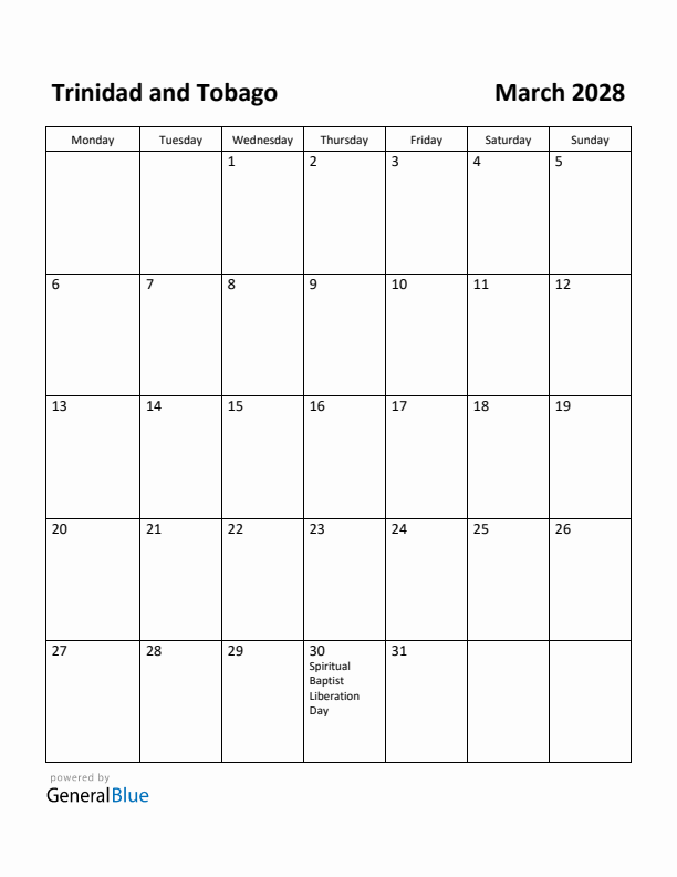 March 2028 Calendar with Trinidad and Tobago Holidays
