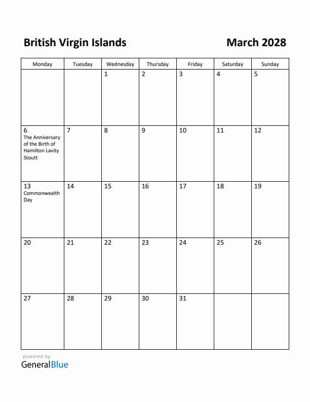 March 2028 Calendar with British Virgin Islands Holidays