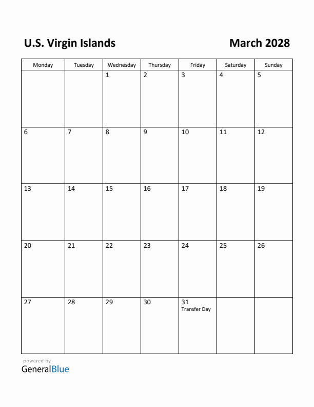 March 2028 Calendar with U.S. Virgin Islands Holidays