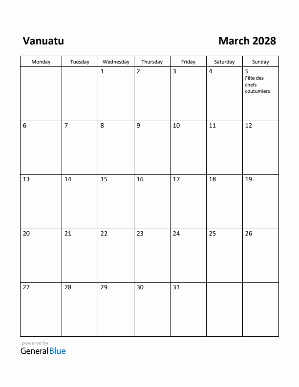 March 2028 Calendar with Vanuatu Holidays