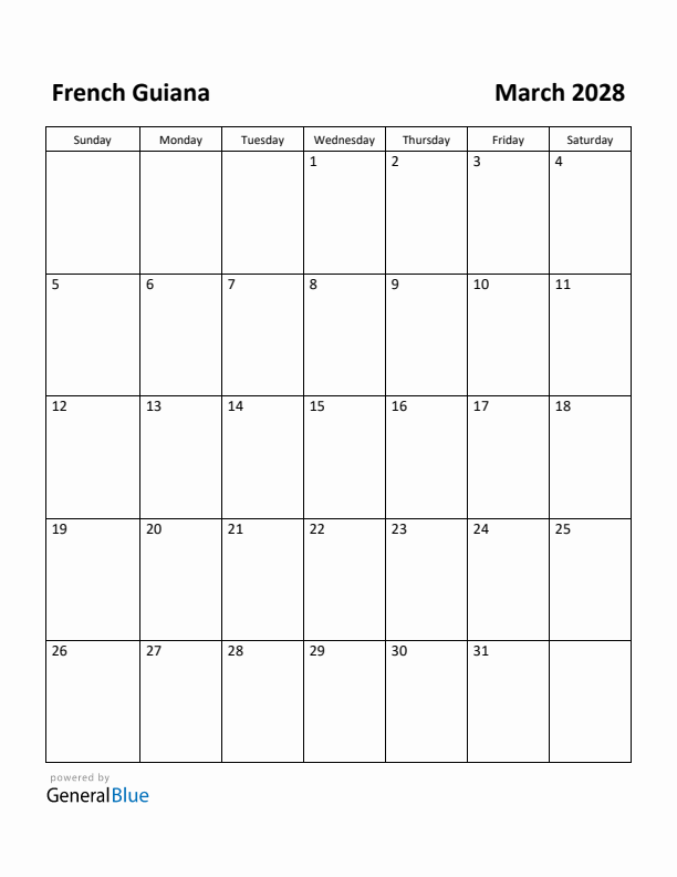 March 2028 Calendar with French Guiana Holidays